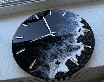 Resin art clock Unique home decor Wedding gift Custom black sea wall clock