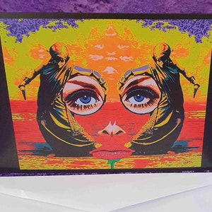 Retrato surrealista "Icono". Tarjeta de felicitación con arte vibrante de la pintura original de Robbie.