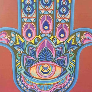 Hamsa "Mano de Fátima (Azul)" símbolo de protección, alejando las energías negativas. Carta de arte para traer paz y una conexión con lo divino.