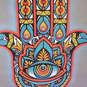 Hamsa "Hand of Fatima (Aqua)" symbol of protection, warding off negative energies. Art Card to bring peace and a connection to the divine.