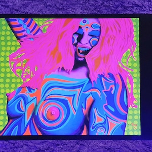 UV Art Print &quot;Liquid Sunshine Dancer&quot; by Robbie. Summer of Love party. Beautiful body painted Dancer in vibrant UV Blacklight colours.