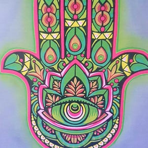 Hamsa "Hand of Fatima (Green)" symbol of protection, warding off negative energies. Art Card to bring peace and a connection to the divine.