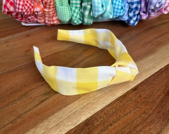 Yellow Gingham Top Knot Headband Hair Accessory for Adults and Children