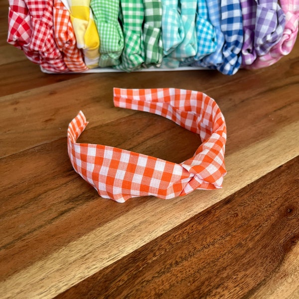 Orange Gingham Top Knot Headband Hair Accessory for Adults and Children