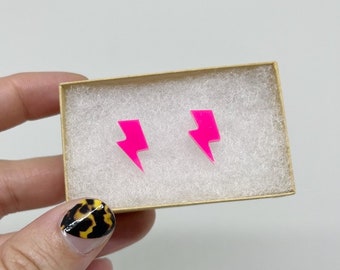 Hot Pink Lightning Bolt Earrings Hypoallergenic Stainless Steel Stud Earrings Halloween Jewelry