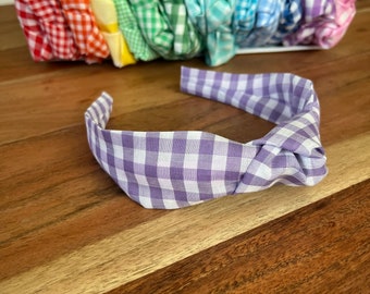Lavender Purple Gingham Top Knot Headband for Adults and Children