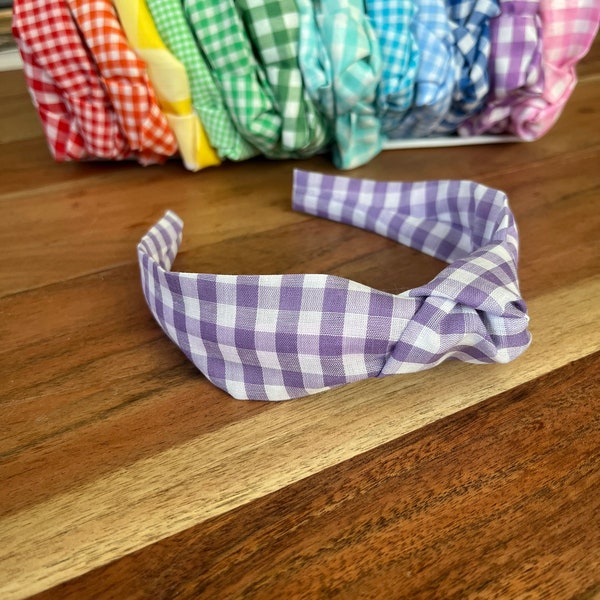 Bandeau à nœud supérieur vichy violet lavande pour adultes et enfants