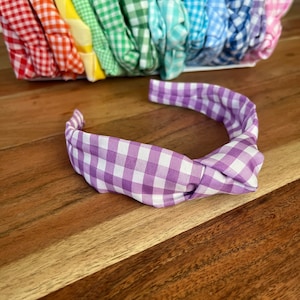 Lilac Purple Gingham Top Knot Headband for Adults and Children
