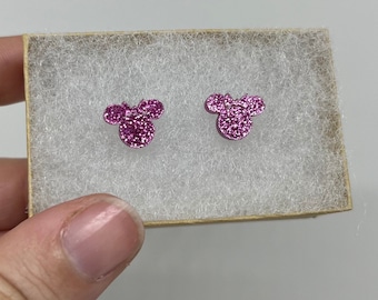 Minnie Mouse Earrings Pink Glitter Hypoallergenic Stainless Steel Stud Earrings Disney Accessory