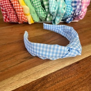 Baby Blue Gingham Top Knot Headband for Adults and Children