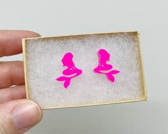 Hot Pink Mermaid Earrings Mermaid Jewelry Stainless Steel Stud Earrings Mermaid Lover