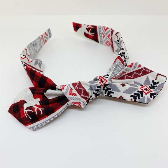 Red With White Nordic Print Bow Headband Reindeer Festive Christmas