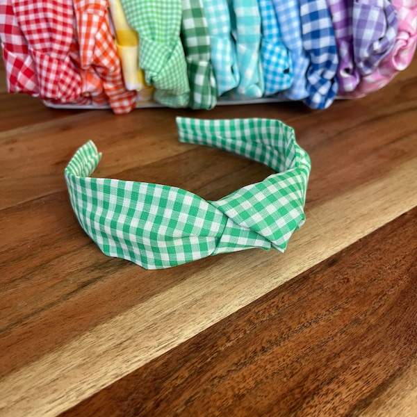 Light Green Gingham Top Knot Headband Hair Accessory for Adults and Children