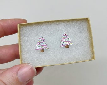 Christmas Tree Earrings White and Pink Christmas Tree Earrings Christmas Jewelry Hypoallergenic Stud Stainless Steel Earrings