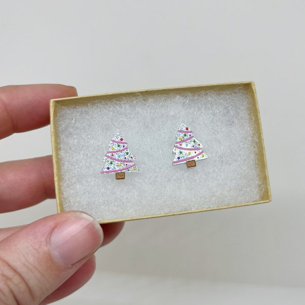 Christmas Tree Earrings White and Pink Christmas Tree Earrings Christmas Jewelry Hypoallergenic Stud Stainless Steel Earrings