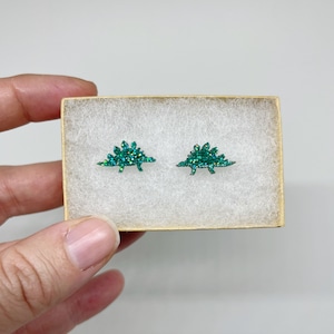 Green Glitter Stegosaurus Dinosaur Earrings Stainless Steel Hypoallergenic Stud Earrings
