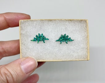 Green Glitter Stegosaurus Dinosaur Earrings Stainless Steel Hypoallergenic Stud Earrings