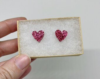 Pink Glitter Heart Stud Earrings Stainless Steel Hypoallergenic Earrings Valentines Jewelry Lover Era