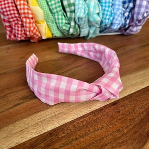 Pink Gingham Top Knot Headband for Adults and Children