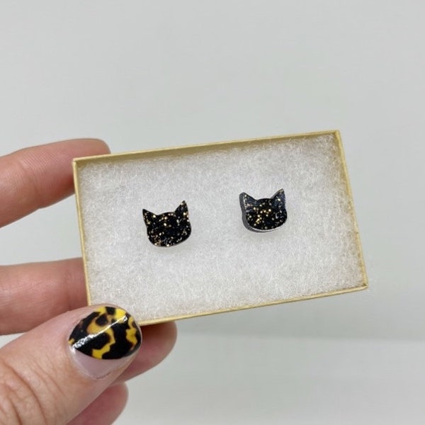 Gold & Black Cat Earrings Halloween Cat Jewelry Hypoallergenic Stud Earrings for Adults and Children