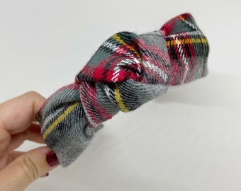 Winter Grey Flannel Plaid Knot Headband Fall Winter Hair Accessory for Adults and Children