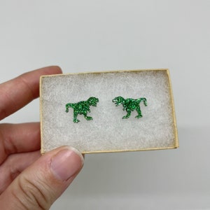 Grüne Glitzer T-Rex Dinosaurier Ohrringe Hypoallergen Edelstahl Ohrstecker Dinosaurier Schmuck