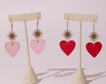 Corazon - The Original Acrylic Heart and Raw Brass Sunburst Earrings