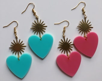 Corazon Opaque Hearts - Handmade Acrylic Heart and Brass Sun Earrings