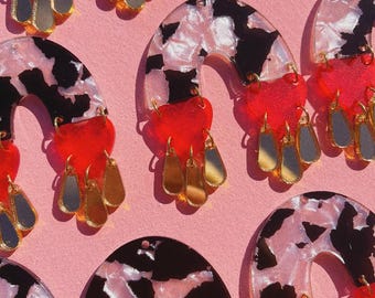 ORIGINAL High Voltage - Cow Patterned Print Acrylic Arch Heart Teardrop Earrings