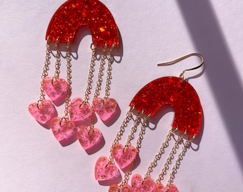 Fever Raining Hearts - Sequin Red Pink Glitter Dangling Statement Earrings for Valentine's Day