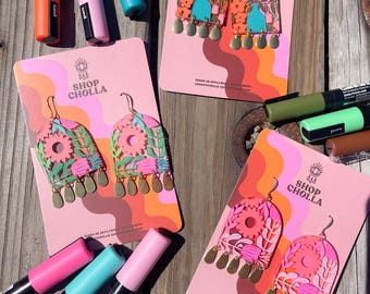 Engraved Floral Shields - Multicolored Flower Earrings