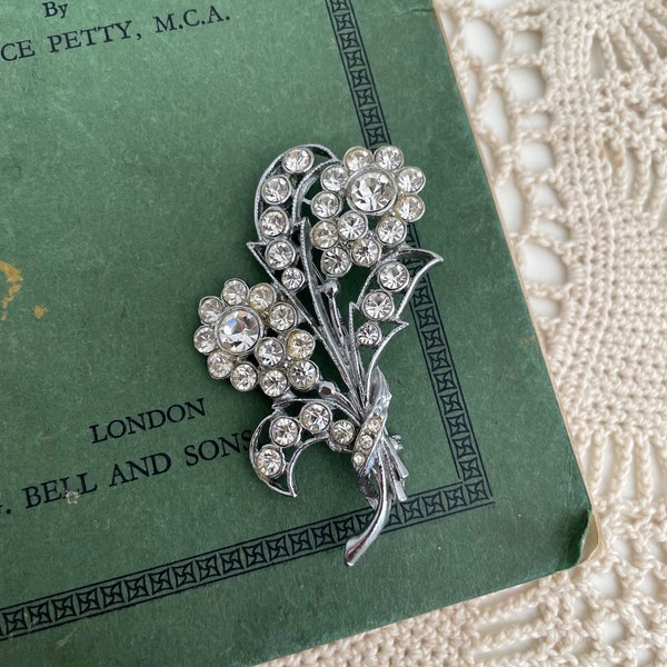 Vintage 1930s 1940s Style Brooch Pin Rhinestone Flower | Floral Spray Brooch | Sparkly Old Hollywood Style