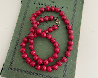 Vintage Necklace Red Plastic Beads C-Clasp 1980s Paint Splash Beads Arty Painterly Boho