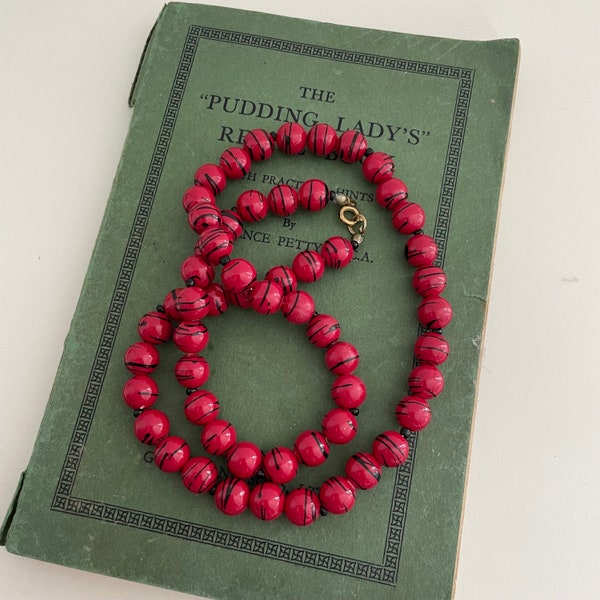 Vintage Necklace Red Plastic Beads C-Clasp 1980s Paint Splash Beads Arty Painterly Boho
