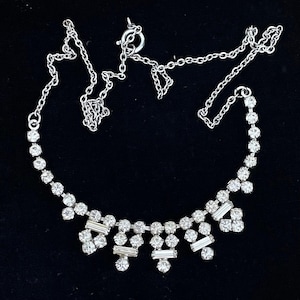 Vintage Rhinestone Necklace Clear Glass 1920s 1930s Art Deco Style Hollywood Glamour Sparkly Party Jewellery Christmas Wedding