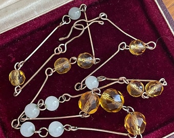 Vintage 1930s Necklace with Orange and Clear Glass Beads with Hook Fastening, Glass and Plastic Beaded Necklace Art Deco 1930s