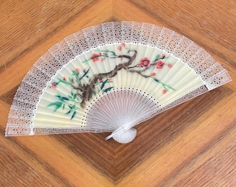 Vintage Plastic Fan 1950s 1960s, Mid Century Pierced Early Plastic Fan, Cherry Blossom Design