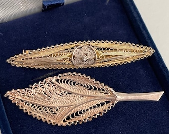 Antique Edwardian Silver 800 Filigree Brooches x2, Leaf and Bar Brooch (one is gold-plated)