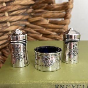 May include: A set of three antique silver serving pieces. Two shakers with conical tops and a small open dish with a dark blue interior. Each piece has an embossed crest design.