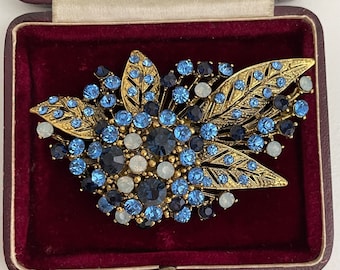 Victorian Statement Blue Austrian Crystal Rhinestone Brooch, Large Floral Brooch with Long Arm C-Clasp