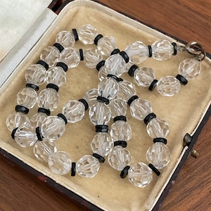 Vintage Art Deco 1930s Black and Clear Glass Necklace Faceted Glass Beads Spring Clasp, Geometric Monochrome Glass Beads