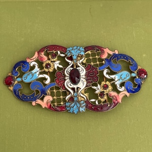 Antique Art Nouveau Belt Buckle, French Enamel Victorian Belt Buckle