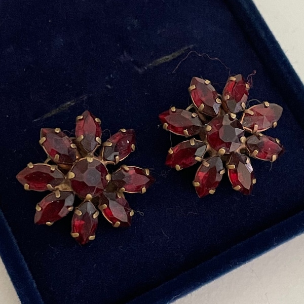 Vintage Art Deco Style Red Rhinestone Statement Clip On Earrings, Brass Backs 1940s 1950s