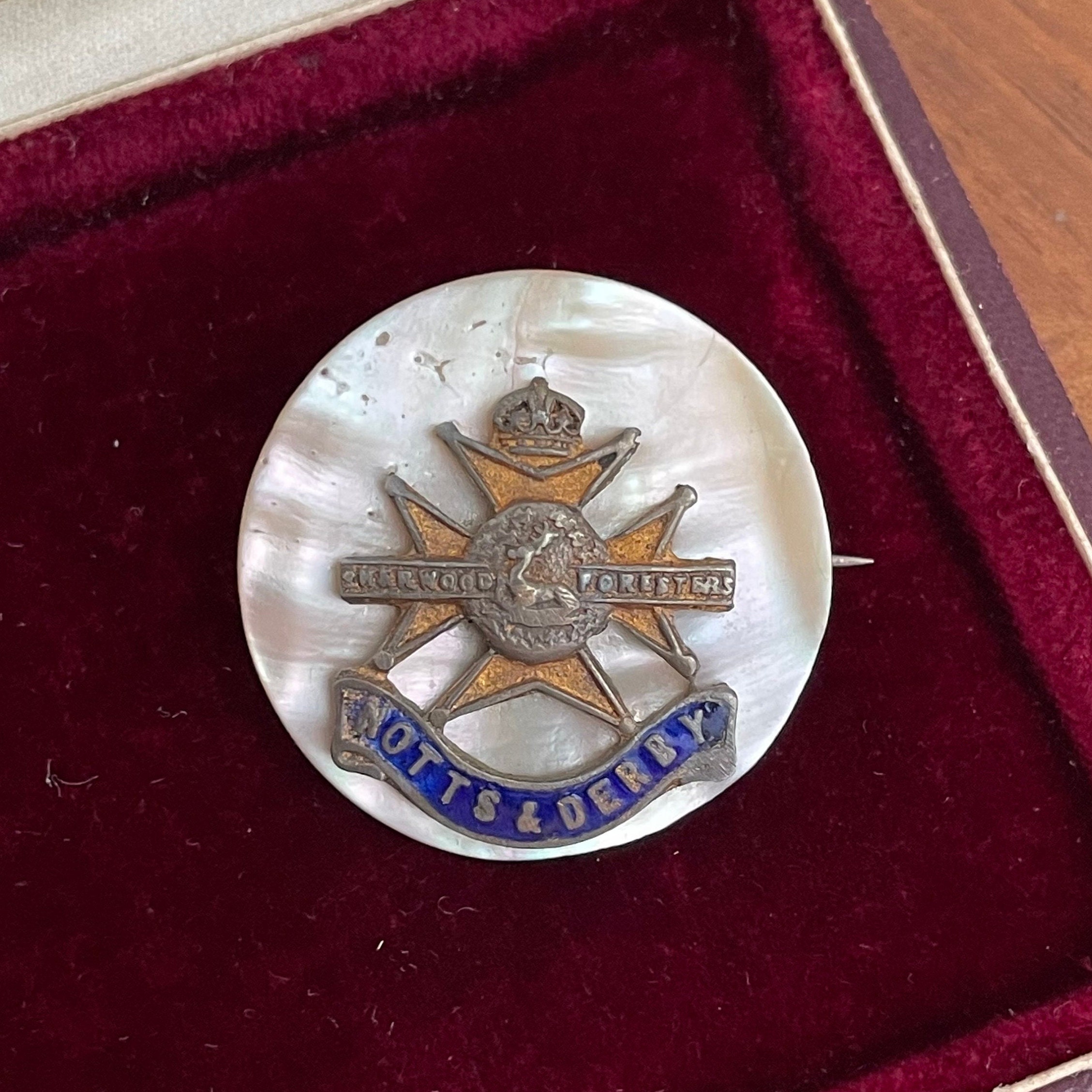 Notts and Derby Sweetheart Brooch, Vintage Gold Tone British Military Pin on Mother of Pearl Background