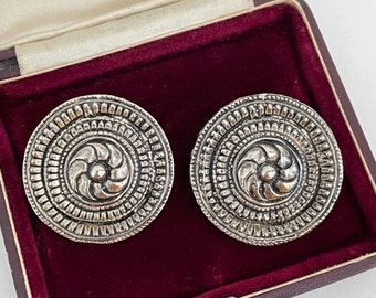 Vintage Silver Tone Round Celtic Earrings, Statement Large Circle Earrings,  Textured CLIP ONS