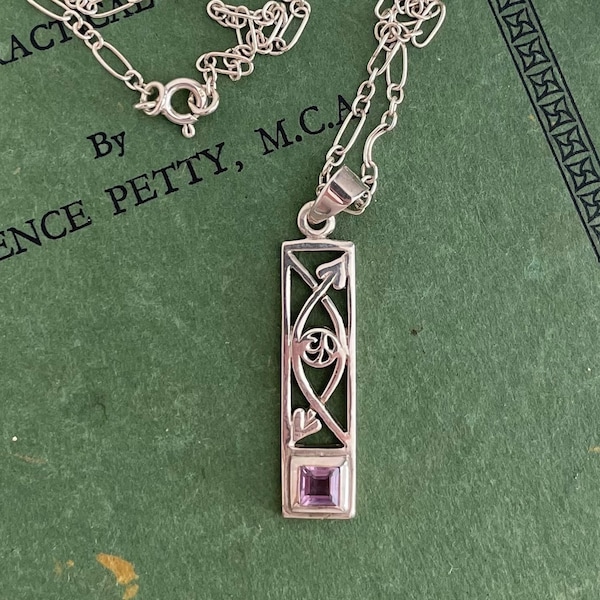 Vintage Celtic Influenced Art Nouveau Sterling Silver Panel Necklace | 1990s Vintage Silver 925 Necklace Rennie MacIntosh Style, Amethyst