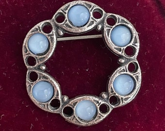 Vintage Celtic Brooch with Stunning Light Blue Glass Cabochons on Pewter Coloured Metal 1990s