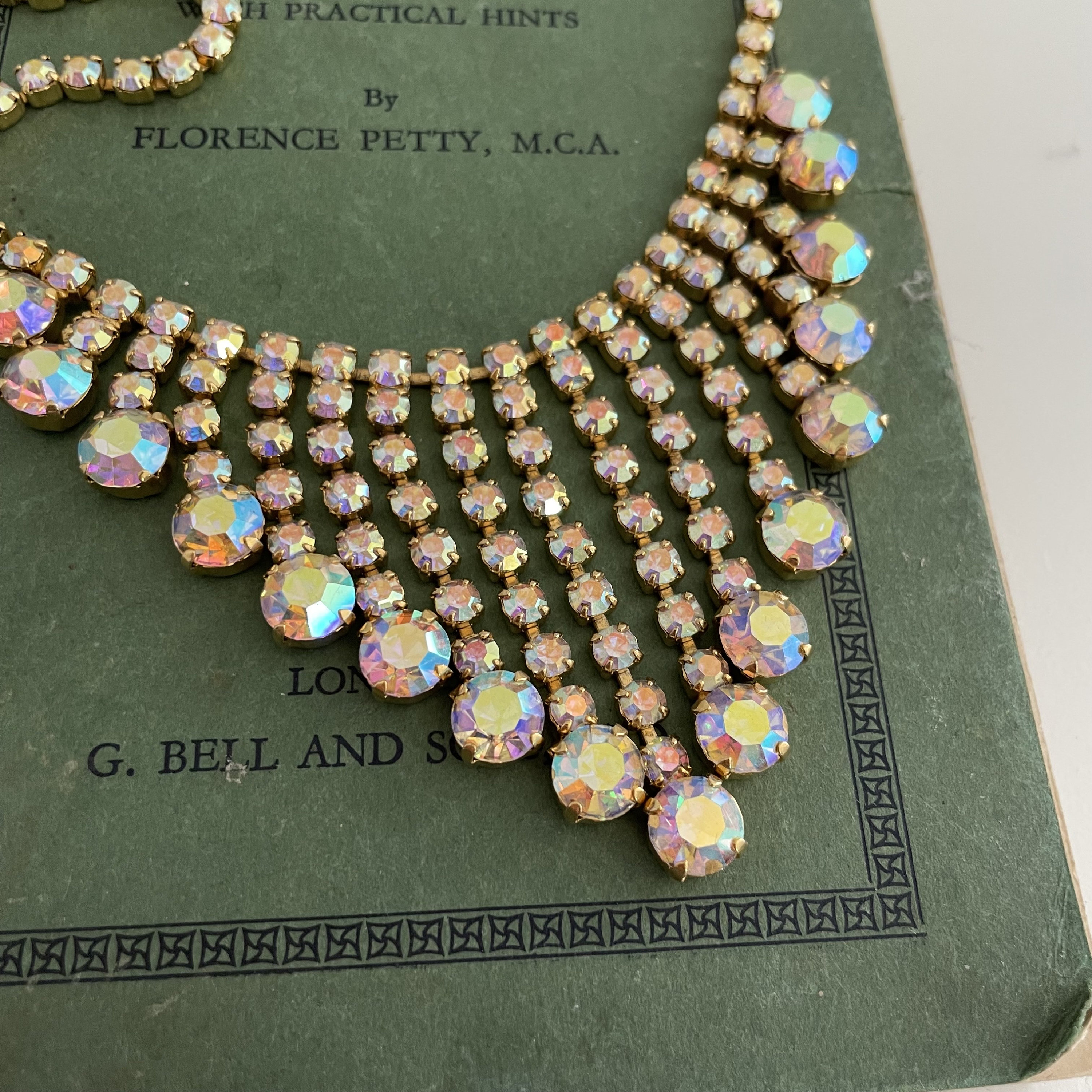 Vintage Rhinestone Statement Necklace Aurora Borealis Glass Fringe