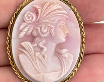 Antique Pink Victorian Cameo Brooch, Long Arm C Clasp, Shawl Pin, Female Portrait Pink *Hairline Cracks - see pics