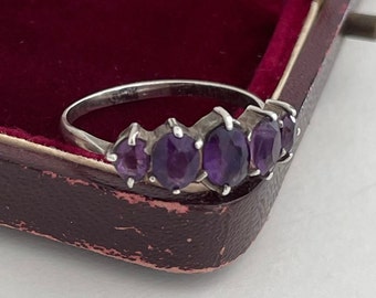 Vintage Sterling Silver 925 Amethyst Coloured Glass Stone Ring Size N, February Birthstone Gift